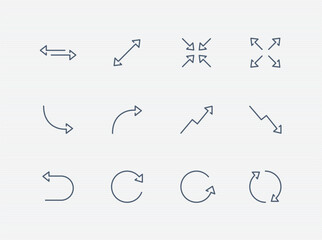 arrow icon set for web and app: straight, cycle, curved, back, refresh, up and down line arrows. editable stroke vector illustration