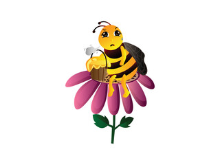Cute Bee Mascot Character Vector illustration. Cartoon Bee with Honey comb, Thinking on a Flower emblem isolated on White Background, 3d style for graphic and web design, logo.
