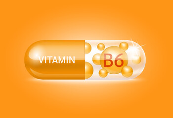 Capsule vitamin B6 structure orange and white It's transparent and vitamin pill is on inside. Beauty concept. Personal care. 3D Vector Illustration. transparent capsule pill. Drug business concept. - obrazy, fototapety, plakaty