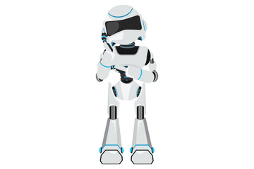 Business flat cartoon style drawing robot holding hand on cheek with crossed hand. Bored or tired robot keeping hand on face. Modern robotic artificial intelligence. Graphic design vector illustration
