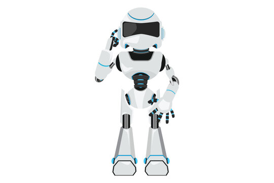Business flat cartoon style drawing robot touching temples, remembering something, feeling tired exhausted. Robotic artificial intelligence. Electronic technology. Graphic design vector illustration
