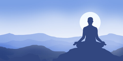 Silhouette lotus position and space, meditation, yoga background with text space 
