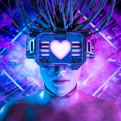 Cyberpunk valentine - 3D illustration of beautiful science fiction female character wearing futuristic virtual reality glasses with heart shaped screen © grandeduc