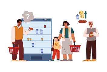 Sad people in supermarket, few goods and rising prices flat style
