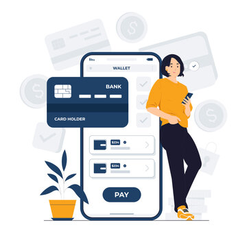 E wallet, digital payment, online transaction with woman standing and holding mobile phone concept illustration
