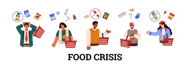 Food crisis banner or poster with frustrated people, flat vector illustration.