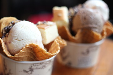 Close up of two waffles ice-cream in cup, Taiwan