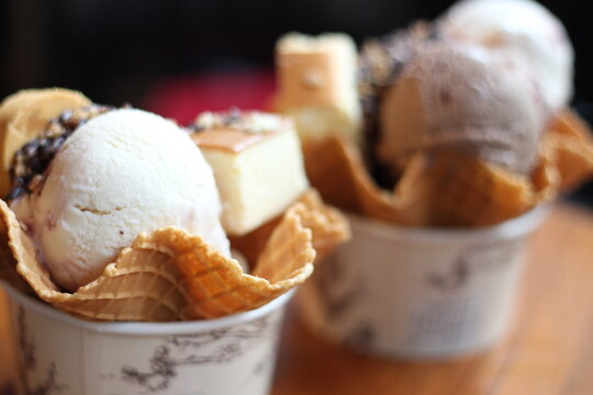 Close up of two waffles ice-cream in cup, Taiwan