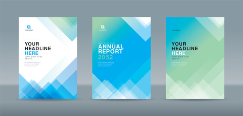 Modern random transparent triangle shape blue and green color theme book cover template for annual report magazine