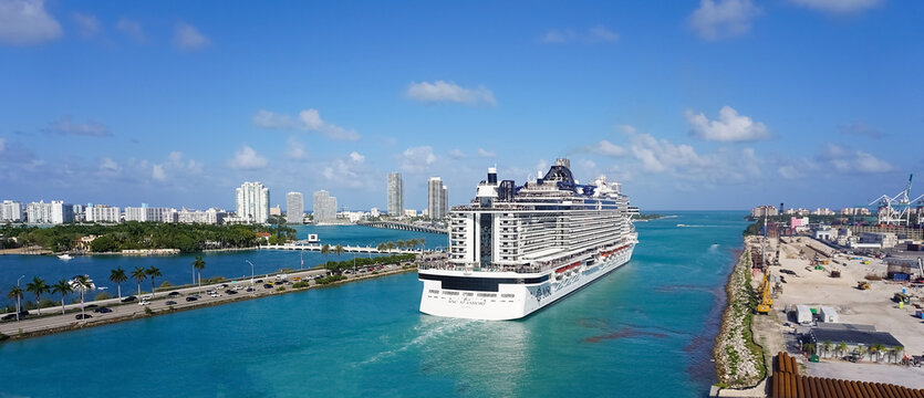 Miami, USA - April 29, 2022: MSC Seashore cruise ship prepares for departure from Miami