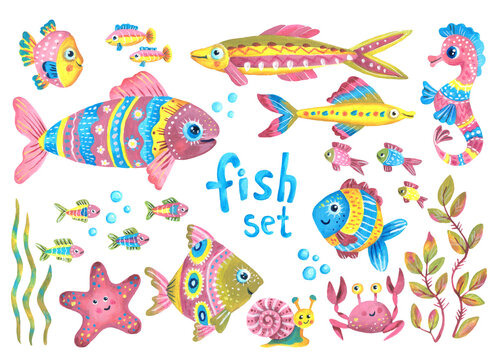 Set with funny and cute fish, starfish, crab, seahorse, snail and seaweed. Children's illustration. Used pink, yellow, olive and blue colors. Drawing in gouache. Isolated image on a white background.