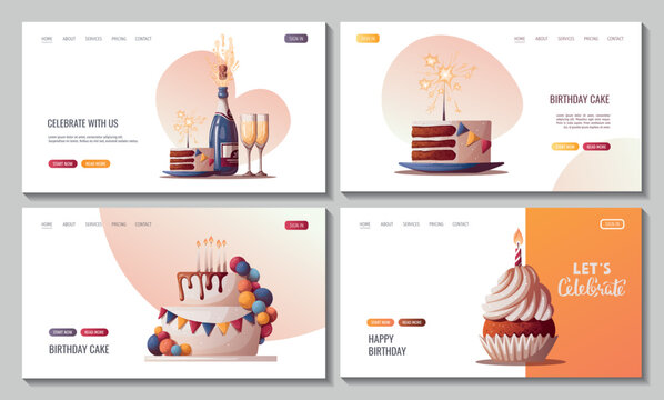 Set of web pages with Birthday cake, champagne, cupcake. Birthday party, celebration, holiday, event, festive, bakery, tasty food concept. Vector illustration. 