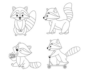 Set of line Funny cute raccoon. Vector outline illustration of small raccoon character isolated on white for coloring page