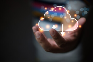 Hand holding virtual cloud computing technology. Cloud technology management big data connectivity concept.