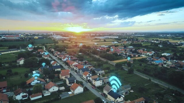 Aerial view of European Houses Connected to the Internet 6G network - 3D render