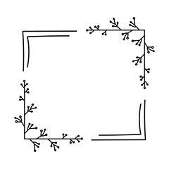 Fototapeta premium Geometric square floral empty frame with branches and flowers. Elegant herbs or blossoms. Vector botanical outline borders set