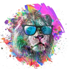 Zelfklevend Fotobehang abstract colorful lion wearing eyeglasses illustration, graphic design concept color art © reznik_val