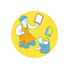 タブレットを使って子供をお世話する保育士のイラスト