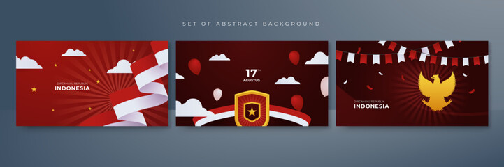 Set of Happy Indonesia Independence day with red white flag and Pancasila design background. 17 Agustus Indonesia background banner vector illustration