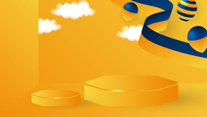 Modern blue and yellow flag star ribbon halftone and podium design background. Abstract background with trendy color for presentation design, flyer, social media cover, banner, nation festival banner