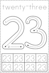 Tracing number twenty three. Preschool worksheet. Black and white.