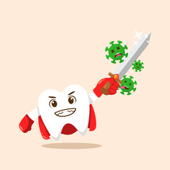 tooth hero fighting bacteria with sword vector illustration
