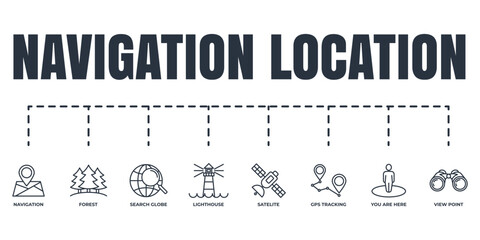 Navigation, location banner web icon set. satellite, you are here, navigation, search globe, gps tracking, forest, view point, lighthouse vector illustration concept.