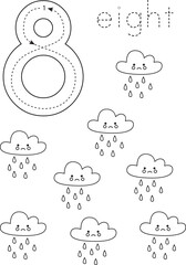 Flashcard number 8. Preschool worksheet. Black and white cute rainy clouds.