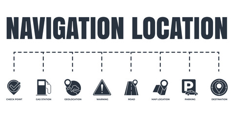Navigation, location banner web icon set. warning, road, check point, gas station, parking, destination, map location vector illustration concept.