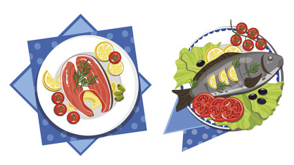 Set of delicious food from fish in cartoon style. Vector illustration of salmon with lemon, tomatoes, olives and grilled trout with lemon, tomatoes, olives, lettuce on white background.