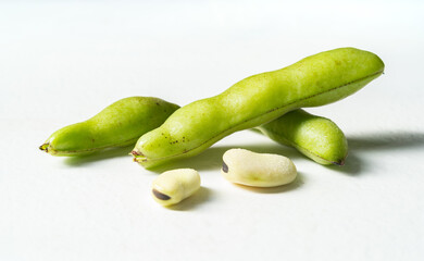 Fresh broad beans on a solid color background