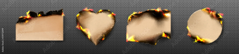 Poster burn craft paper borders, brown burnt pages with smoldering fire on charred uneven edges, damaged pa