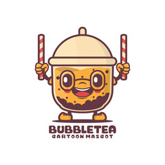 Bubble tea cartoon mascot holding a straw. fresh drink vector illustration