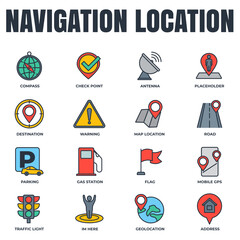 Set of Navigation location icon logo vector illustration. location pack symbol template. address, flag, traffic light, warning, road and more for graphic and web design collection
