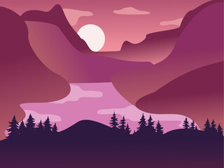 Vector illustration. of mountain landscapes in a flat style. Natural wallpapers. Organic minimalis. Sunrise, misty terrain with slopes, mountains near the forest. Clear sky