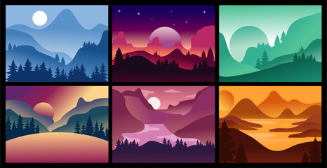 Obraz premium Vector illustration. of mountain landscapes in a flat style.Colorful silhouette with trees pines firs Flat style vector illustration