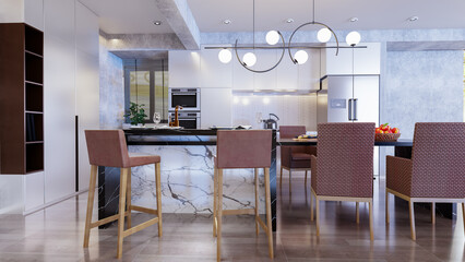 Cooking black and white marble countertops of modern kitchen, wide marble island with seating and dining room in home