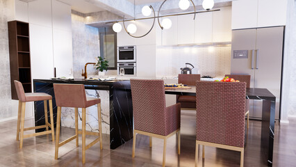 Seating black countertops of marble kitchen, marble island with breakfast and dining room in modern home