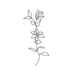 Line Art Leaves Branch Silhouette Black Sketch on White Background. One Line Beautiful Plant with Leaves. Floral Minimalistic Vector Illustration.