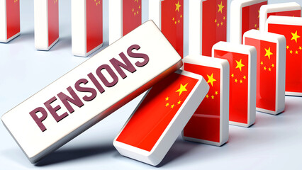 China and Pensions, causing a national problem and a falling economy. Pensions as a driving force in the possible decline of China.,3d illustration