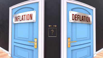 Inflation or Deflation - a choice. Two options to choose from represented by doors leading to different outcomes. Symbolizes decision to pick up either Inflation or Deflation.,3d illustration