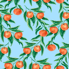 Seamless bright pattern with mandarin branches, fruit and leaves on a blue background. Watercolor illustration, hand-drawn. Design for fabric, packaging.