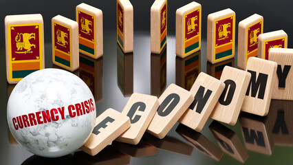 Sri Lanka and currency crisis, economy and domino effect - chain reaction in Sri Lanka set off by currency crisis causing a crash - economy blocks and Sri Lanka flag,3d illustration