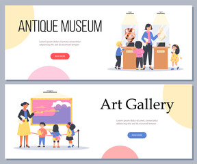 Fototapeta na wymiar Antique museum and art gallery tours for kids flyers, flat vector illustration.