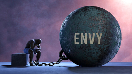 Envy that limits life and make suffer, imprisoning in painful condition. It is a burden that keeps a person enslaved in misery.,3d illustration - obrazy, fototapety, plakaty