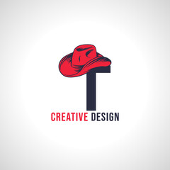Initial Letter T Vector Logo Design with Red Cowboy Hat