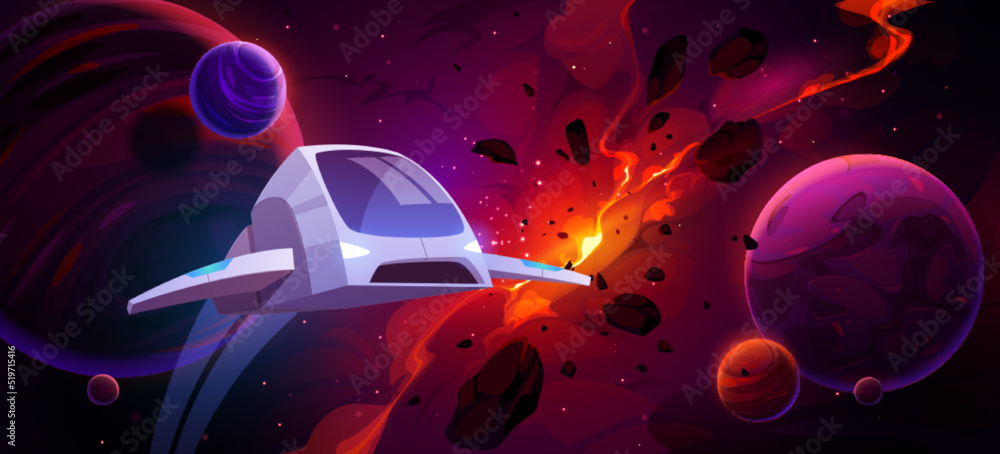 Aufkleber spaceship flying in outer space with planets, explode star and glowing nebula in dark sky. interstel