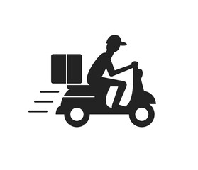 Fototapeta premium Delivery man riding scooter flat icon design vector. Courier marketplace online service symbol illustration.