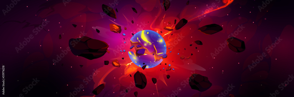 Wall mural planet explosion, asteroid or meteorite burst with fire, smoke and flying stones in outer space. vec