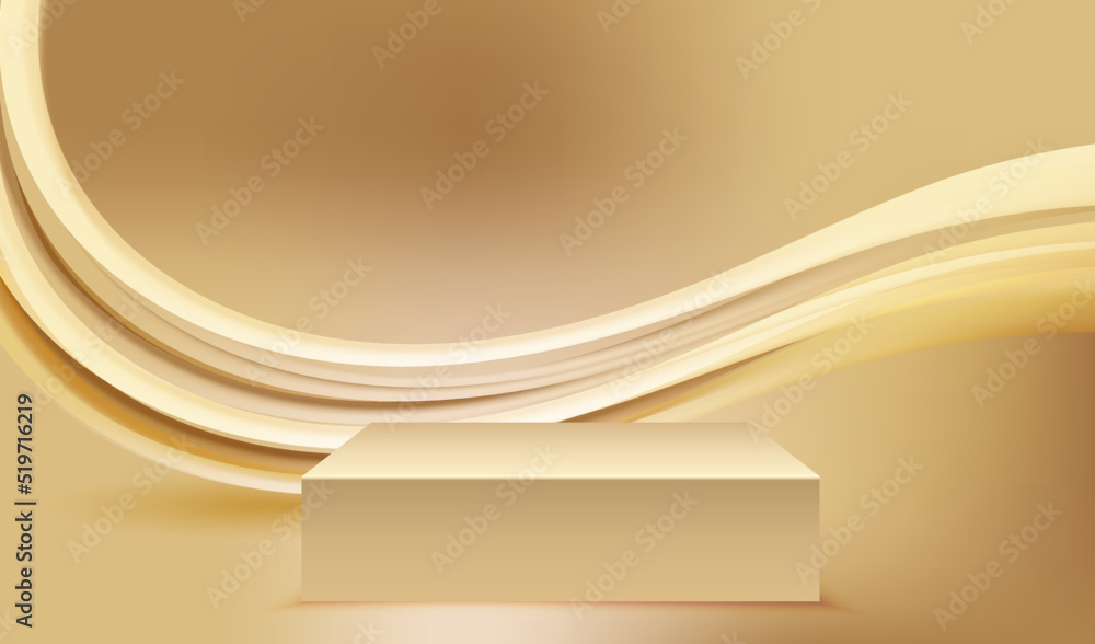 Poster podium empty studio place to display product with fluid gold waves vector background. cosmetic comme